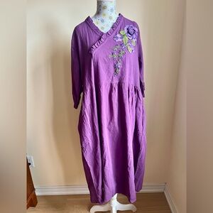 Purple Embroidered V-Neck Women's Dress